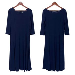 Nina Leonard Navy Blue Long Dress With Sleeves Scoop Neck Flare Hem Size Medium